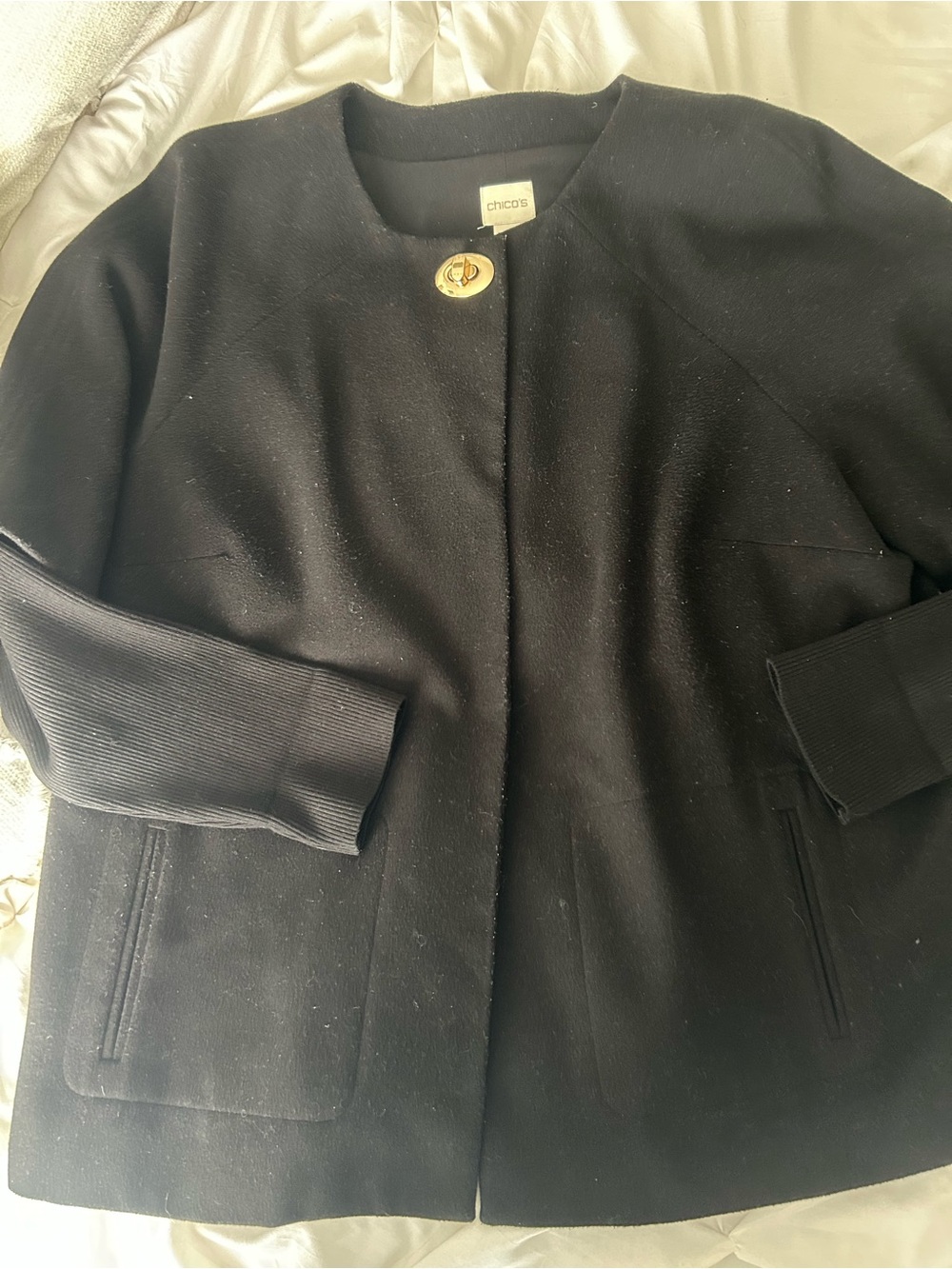 Chico's Black Collarless Wool-Blend Pea Coat with Gold Button